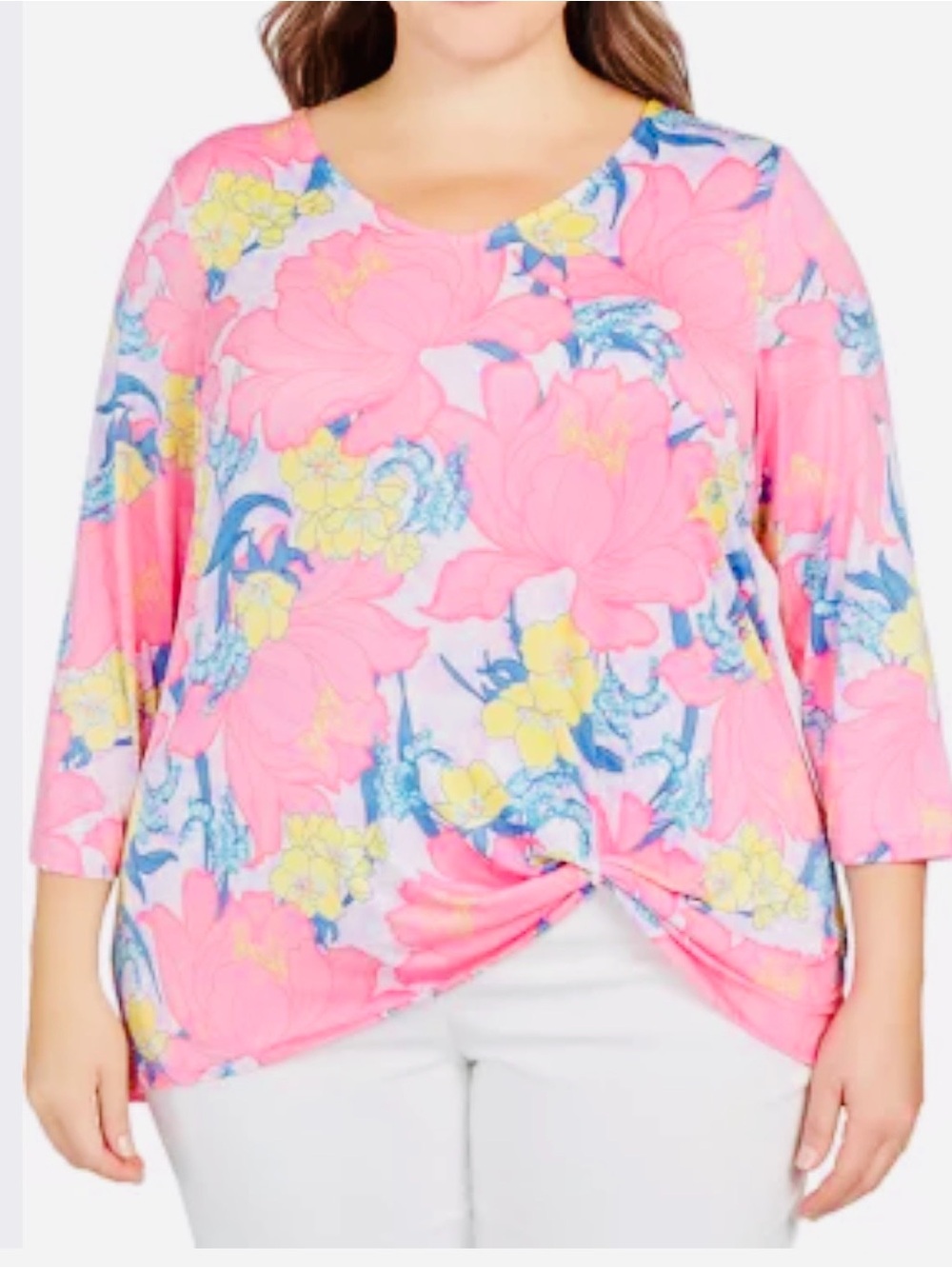 Ruby Rd. Pink Floral Twist-Front Long Sleeve Tee